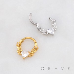 HINGED CLICKER SEGMENT RING FEATURING A VINE, ROSE, AND CLEAR HEART CZ 316L SURGICAL STEEL